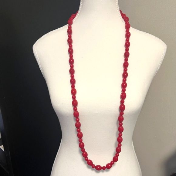 Red Graduated Beads 40 Inch Necklace Xmas Thanksgiving Party Fashion Jewelry - Picture 2 of 5